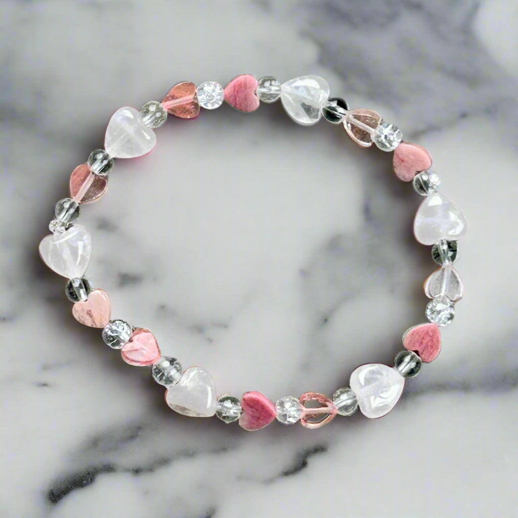 The perfect bracelet to get yourself or someone you love this Valentines Day. Rose Quartz, Clear Quartz, Cherry Quartz Rhodonite.