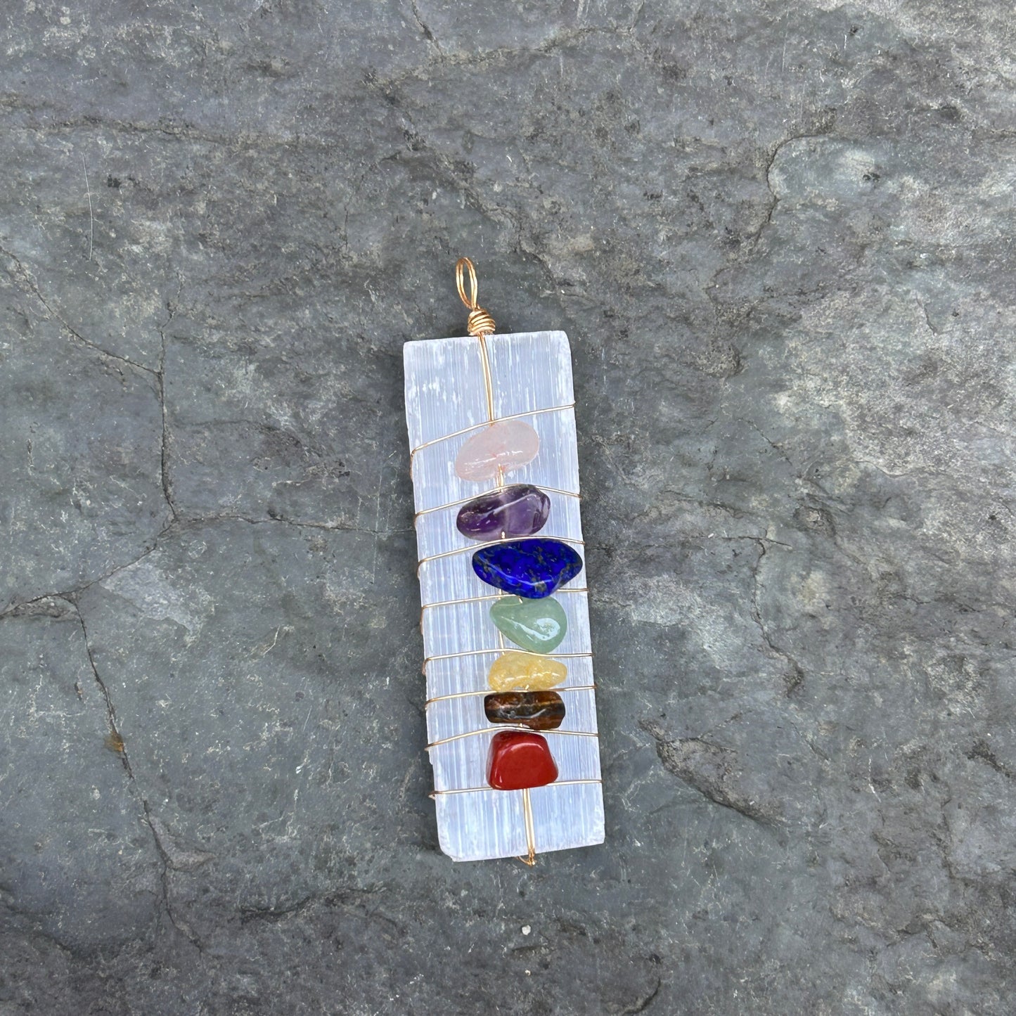 Selenite Stone with Mini Chakra Stones on 18" Black Cord Necklace