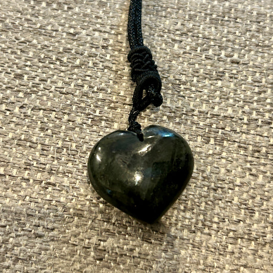 Labradorite Heart Pendant on adjustable black cord necklace